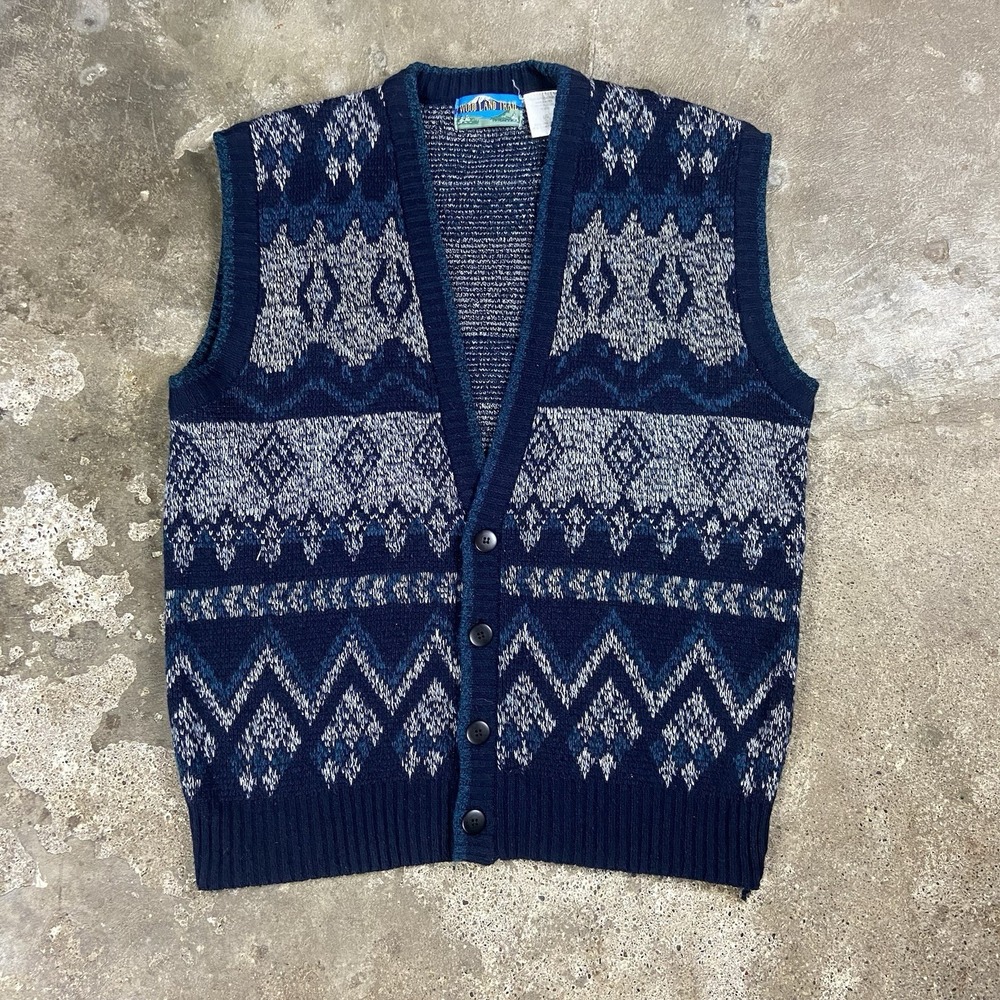 Vintage 80s Woodland Trail Sweater Vest Size Large Blue Button Down Cardigan